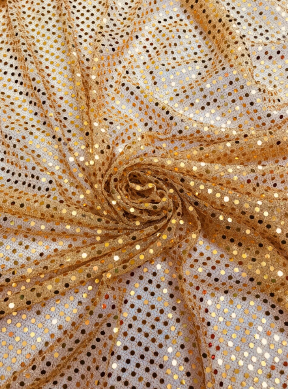 1 Yard Shimmer Orange Small Confetti Sequin Dots Scattered Across a Sheer Mesh Base With a Slight Stretch 42" Wide